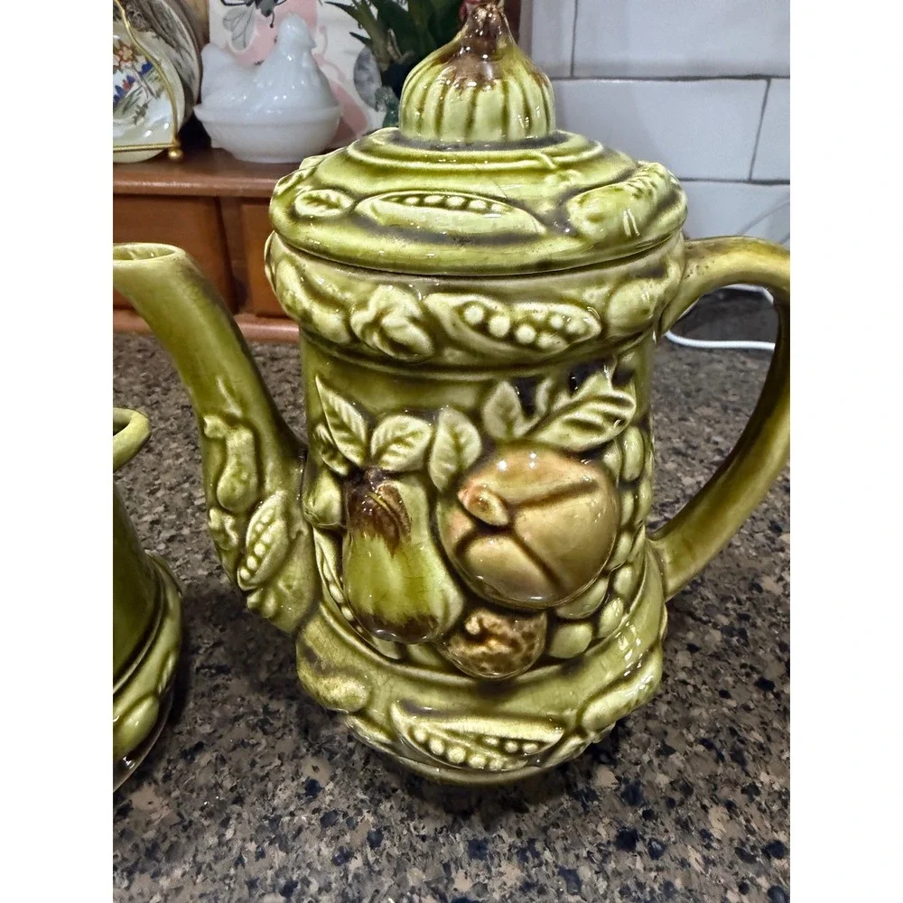 Vintage Japan Green Fruit Majolica Teapot and Instant Coffee Canister Set